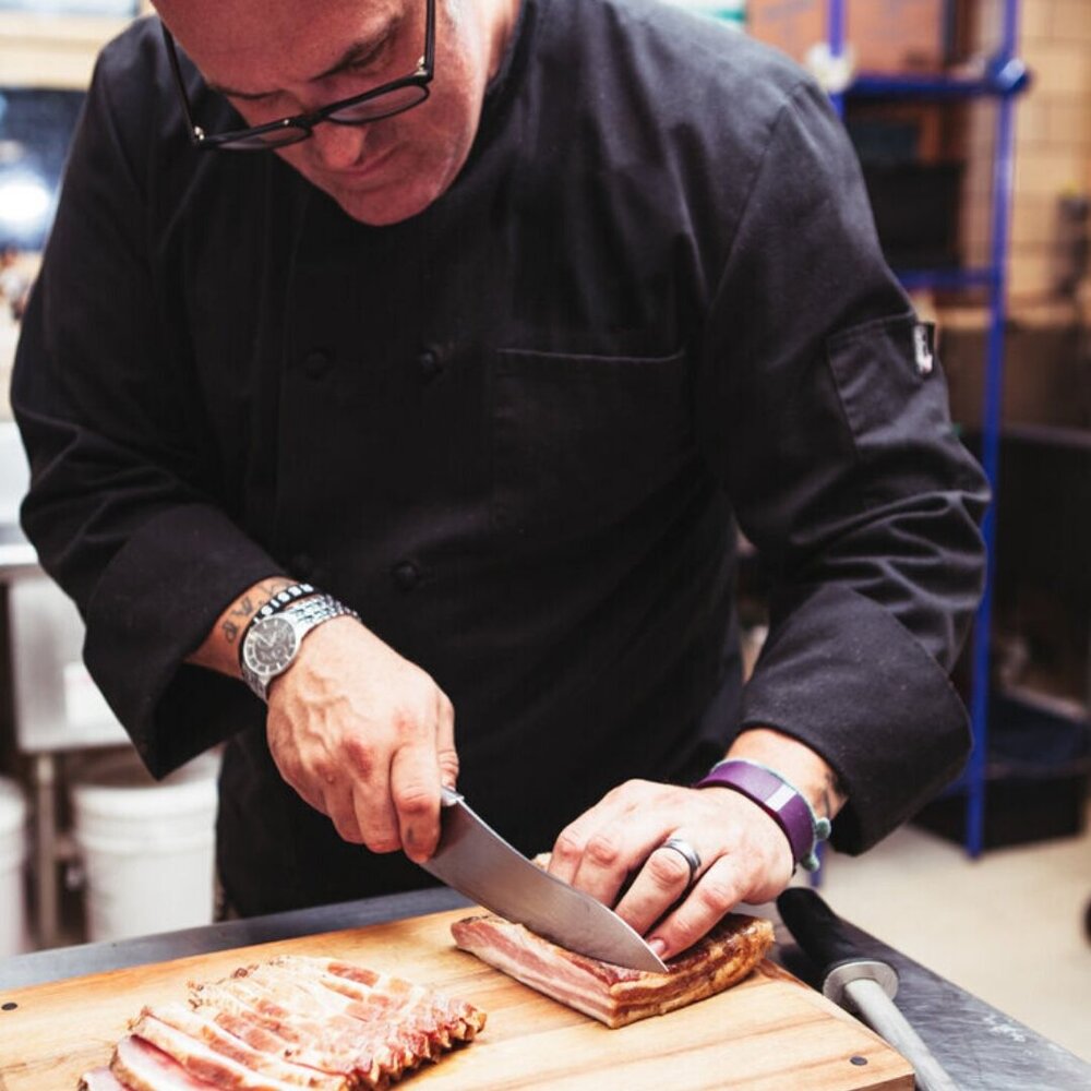 Chef Eron making his Cured &amp; Crisp Bacon